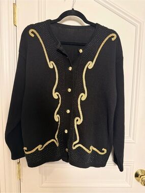 Vintage Black Gold Beaded Cardigan Sweater Glam